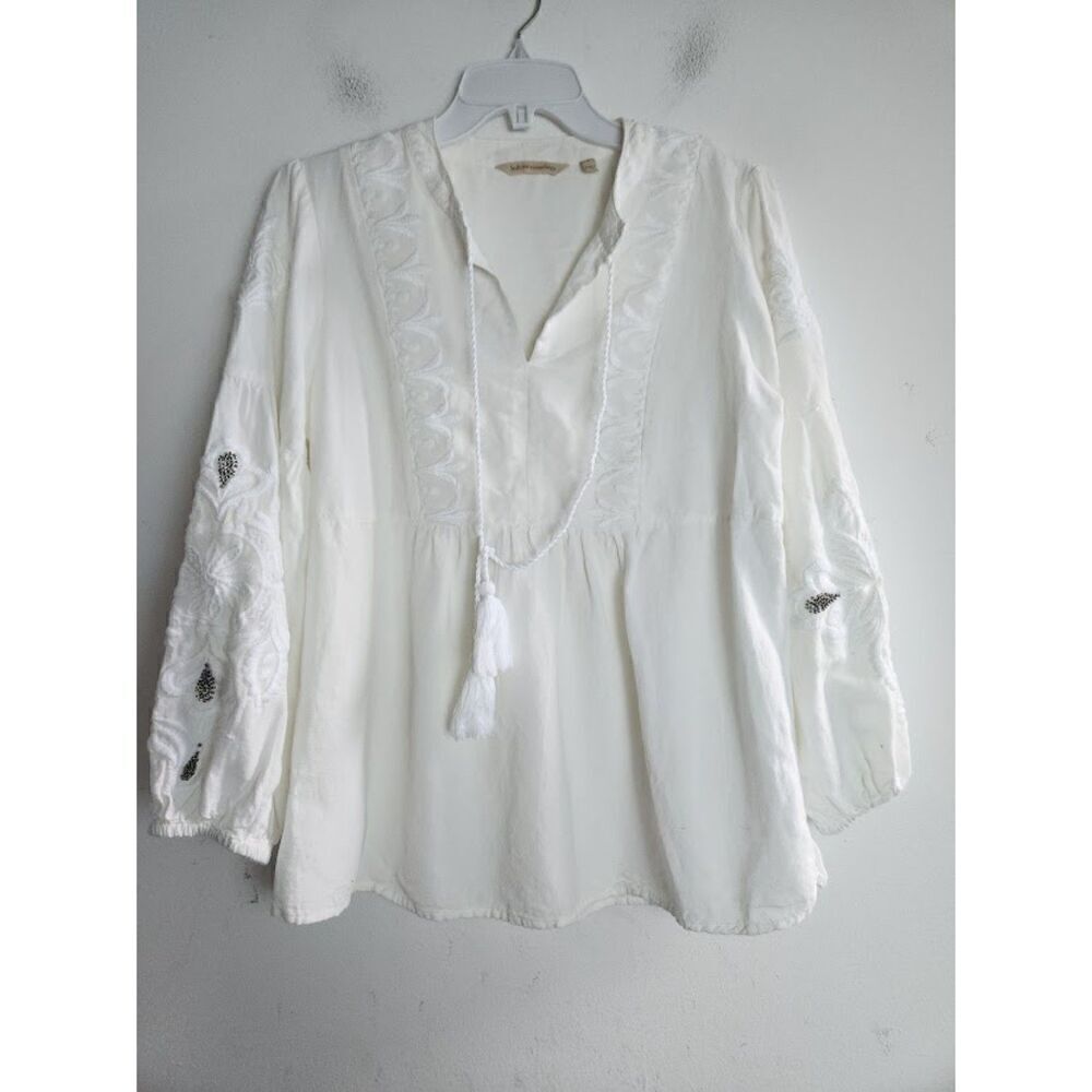 Soft Surroundings White Baby Doll Floral Embroidery Flax/Cotton Blouse sz Small